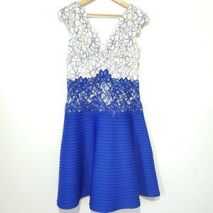 Tadashi Shoji Contrast Lace Pintuck Neoprene A-Line Cocktail Blue Dress Size 10